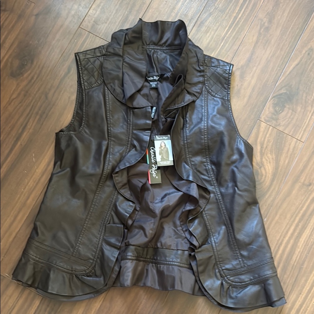 Charlie Paige Brown Ruffled Faux Leather Vest
